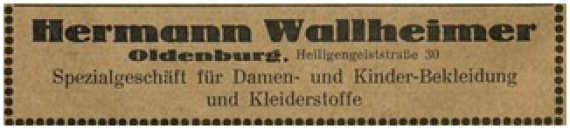 Das Bild zeigt eine Zeitungswerbeanzeige des Bekleidungsgeschäftes Hermann Wallheimer aus dem Jahr 1922.