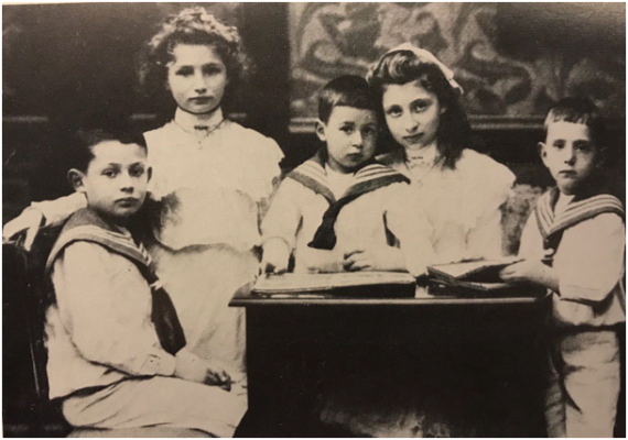 The picture shows the children of Pauline and Hermann Wallheimer dressed in white: 3 boys and 2 girls in infancy.