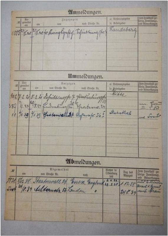 Registration file of the Landsberg family One entry is in the section registrations, three are under re-registrations and again two are to be recognized with the deregistrations.