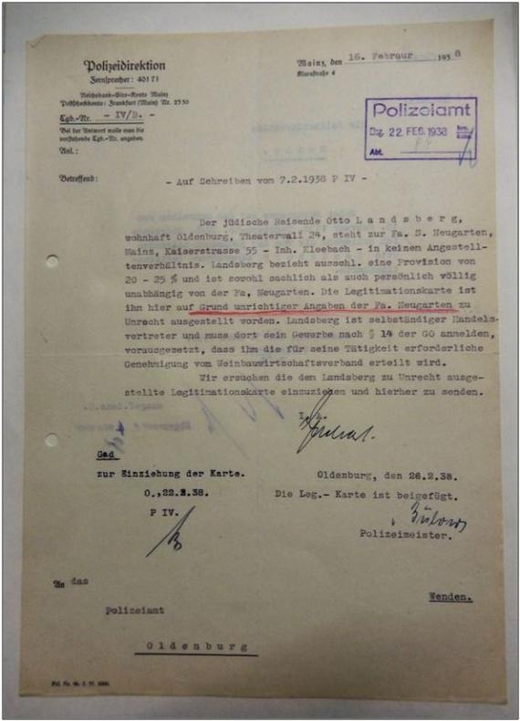 Letter from the police directorate in Mainz of 1938 to the Oldenburg police office regarding the confiscation of the legitimation card of Otto Landsberg