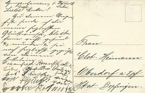 Glückwunschkarte - Selma,Manfred und Herta Rosenfelder Geburtstags-Glückwunschkarte von Selma, Manfred und Herta Rosenfelder aus Gunzenhausen an Clothilde Heimann, - versandt 1. Februar 1918 - Kartenrückseite