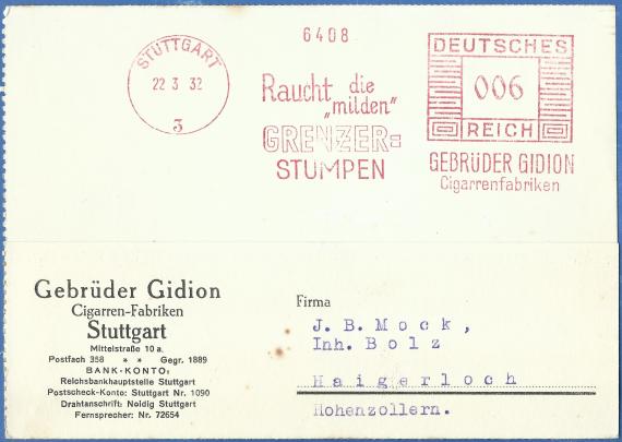 Geschäftspostkarte  der " Cigarrenfabriken Gebrüder Gidion " in Stuttgart, - versandt am 22. März 1932  