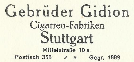 Geschäftspostkarte  der " Cigarrenfabriken Gebrüder Gidion " in Stuttgart, - versandt am 22. März 1932  - Ausschnittvergrößerung Firmenanschrift