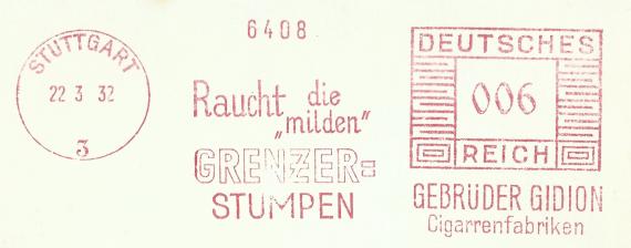 Geschäftspostkarte  der " Cigarrenfabriken Gebrüder Gidion " in Stuttgart, - versandt am 22. März 1932  - Ausschnittvergrößerung Werbestempel