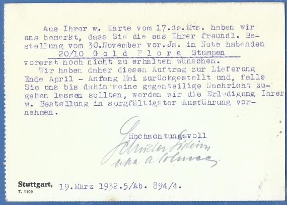 Geschäftspostkarte  der " Cigarrenfabriken Gebrüder Gidion " in Stuttgart, - versandt am 22. März 1932  - Kartenrückseite