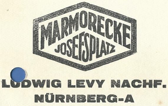 Business postcard of Ludwig Levy Nachf. in Nuremberg, Marmormorecke - Josephsplatz - mailed February 25, 1933 - detail enlargement company address