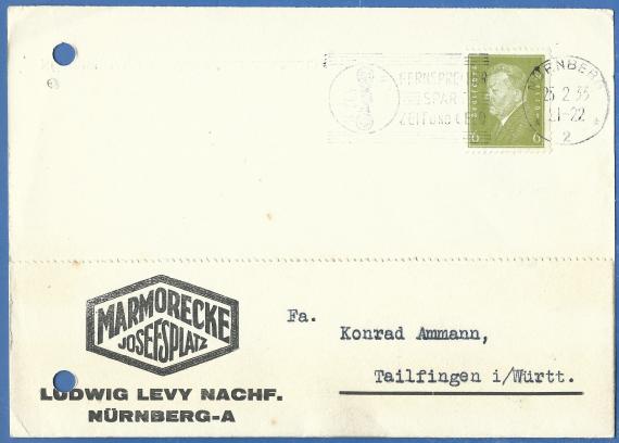 Geschäftspostkarte von Ludwig Levy Nachf. in Nürnberg,Marmorecke - Josephsplatz - versandt am 25. Februar 1933 