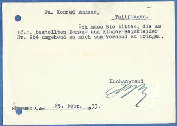 Geschäftspostkarte von Ludwig Levy Nachf. in Nürnberg,Marmorecke - Josephsplatz - versandt am 25. Februar 1933 - Kartenrückseite