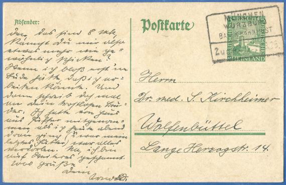 Postkarte - Dr. med. S. Kirchheimer Postkarte privater Art an Herrn Dr. med. S. Kirchheimer in Wolfenbüttel, - versandt am 28. August 1925