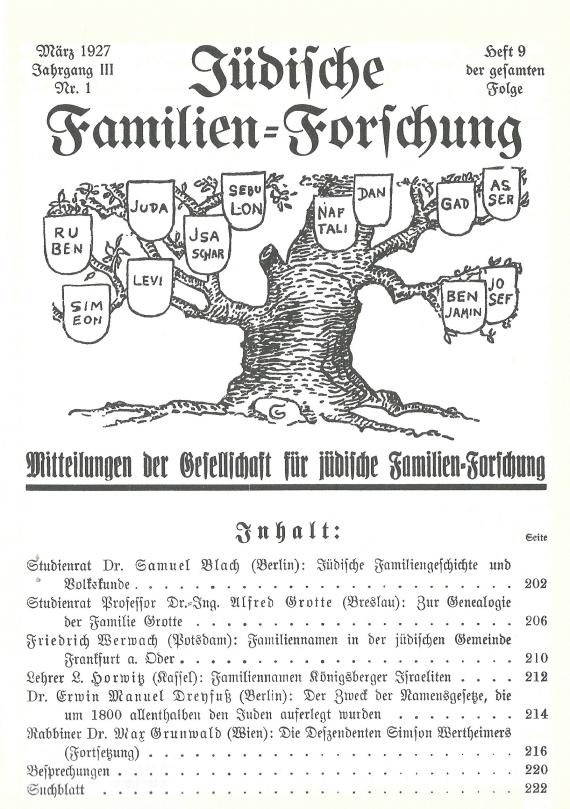 Titelblatt der Zeitschrift  " Jüdische Familienforschung ", Mitteilungen der Gesellschaft für jüdische Familienforschung - März 1927, Jahrgang III, Nr.1 - Heft 9 der gesamten Folge