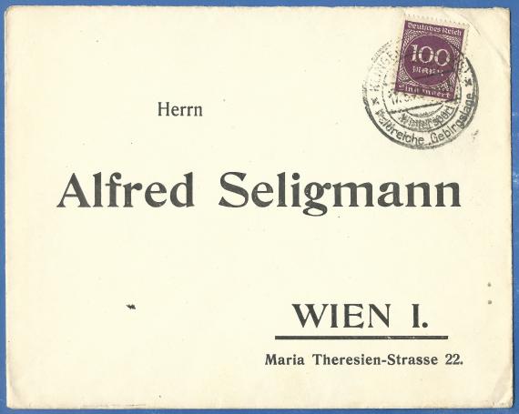 Briefumschlag - adressiert an Herrn Alfred Seligmann in Wien, Maria Theresien-Straße 22, - versandt am 17. Mai 1923