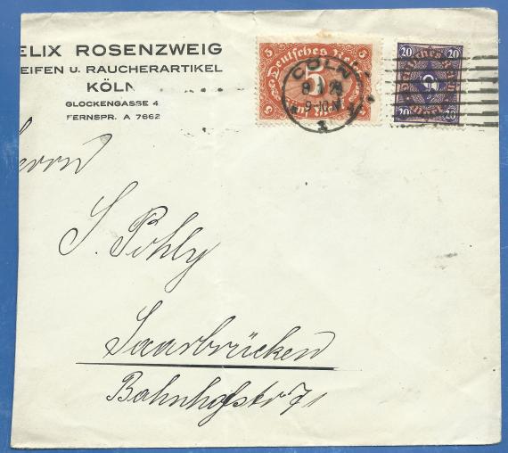 Geschäfts-Briefumschag von Felix Rosenzweig, Pfeifen- und Raucherartikel in Köln, - versandt am 8. Januar 1923 