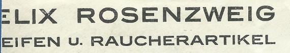 Geschäfts-Briefumschag von Felix Rosenzweig, Pfeifen- und Raucherartikel in Köln, - versandt am 8. Januar 1923 - Ausschnittvergrößerung Firmenname