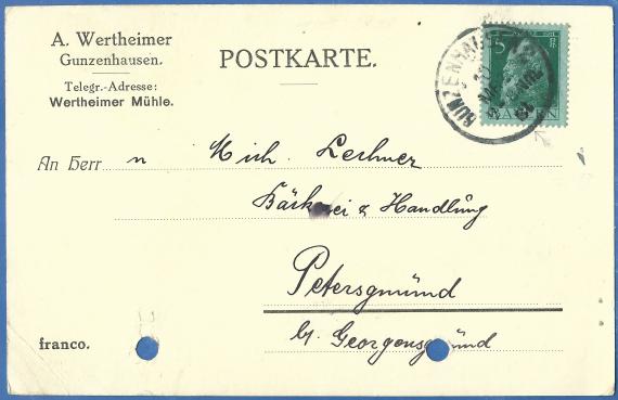 Business postcard from A. Wertheimer in Gunzenhausen, - mailed March 10, 1913