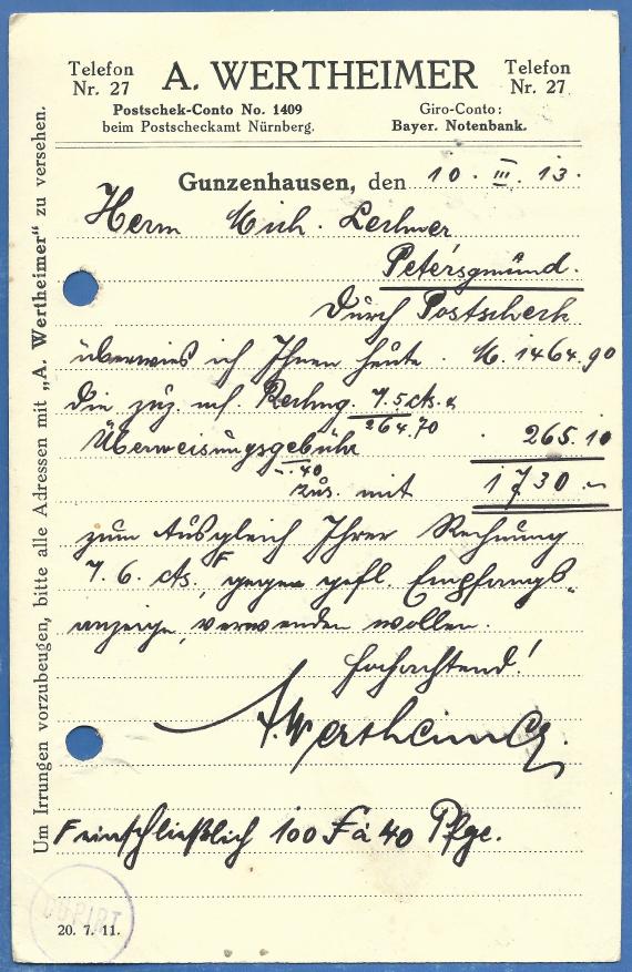 Business postcard from A. Wertheimer in Gunzenhausen, - mailed March 10, 1913 - back of card