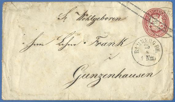 Envelope - addressed to S. Wohlgeboren Herr Lehrer Frank in Gunzenhausen, - used in the time around 1869 - 1875