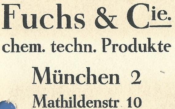 Geschäftspostkarte der Fa. " Fuchs & Cie, chem. techn. Produkte "  in München, versandt am 3. Juli 1935  -  Ausschnittvergrößerung Firmenadresse