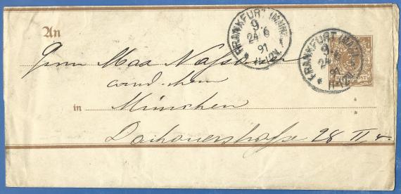 Streifband for mailing periodicals - addressed to Mr. Max Nassauer in Munich, Dachauer Straße 28 II - mailed on June 24, 1891