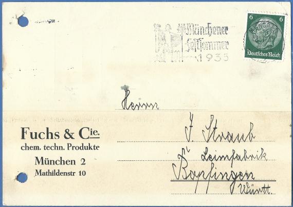 Geschäftspostkarte der Fa. " Fuchs & Cie, chem. techn. Produkte "  in München, versandt am 3. Juli 1935  