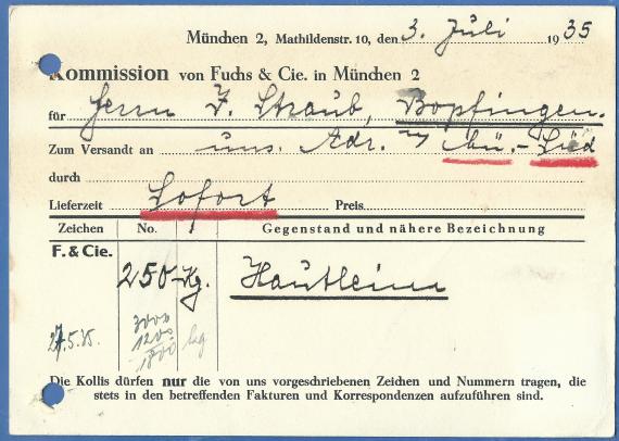 Geschäftspostkarte der Fa. " Fuchs & Cie, chem. techn. Produkte "  in München, versandt am 3. Juli 1935  -  Kartenrückseite