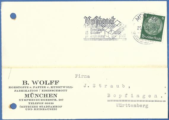 Postkarte - B. Wolff Geschäftspostkarte " B. Wolff, Rohstoffe, Papier u. Kunstwollfabrikation, Eisenschrott " in München, - versandt am 20. Januar 1937
