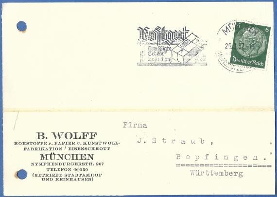 Geschäftspostkarte " B. Wolff, Rohstoffe, Papier u. Kunstwollfabrikation, Eisenschrott " in München, - versandt am 20. Januar 1937 