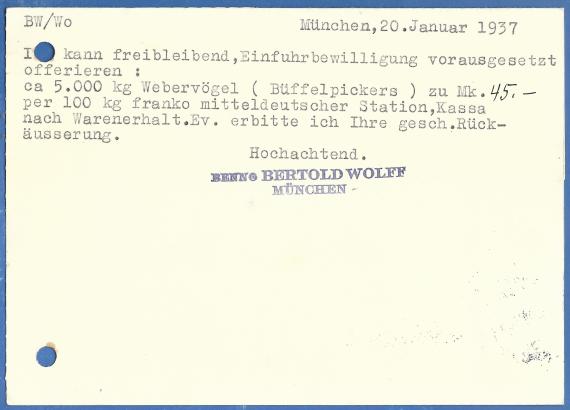 Postkarte - B. Wolff Geschäftspostkarte " B. Wolff, Rohstoffe, Papier u. Kunstwollfabrikation, Eisenschrott " in München, - versandt am 20. Januar 1937 - Kartenrückseite