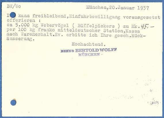 Geschäftspostkarte " B. Wolff, Rohstoffe, Papier u. Kunstwollfabrikation, Eisenschrott " in München, - versandt am 20. Januar 1937 - Kartenrückseite