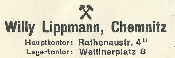 Geschäftspostkarte der " Eisenhandlung Willy Lippmann " in Chemnitz, - versandt am 20. November 1925 - Ausschnittvergrößerung Firmenadresse