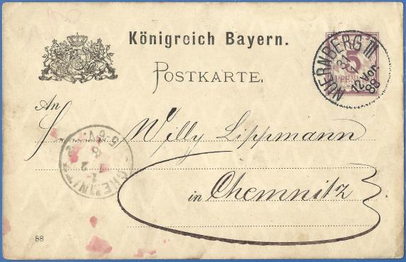 Postkarte geschäftlicher Art an Herrn Willy Lippmann in Chemnitz, - versandt am 31. Januar 1888