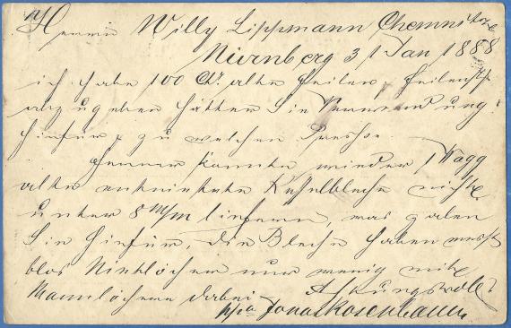 Postkarte geschäftlicher Art an Herrn Willy Lippmann in Chemnitz, - versandt am 31. Januar 1888  -  Kartenrückseite