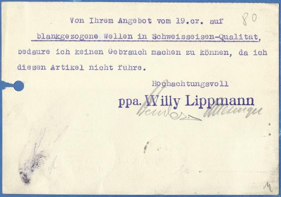 Business postcard of the " Eisenhandlung Willy Lippmann " in Chemnitz, - mailed on November 20, 1925 - back of card