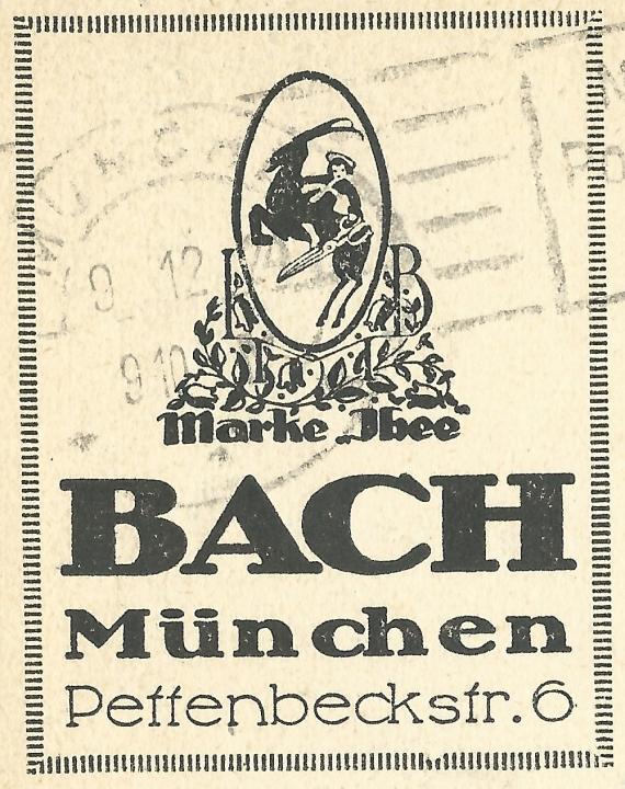 Geschäfts-Postkarte - Isidor Bach, München, Pettenbeckstraße 6, - versandt am 8. Dezember 1924 - Ausschnittvergrößerung Firmenwerbung " Marke Ibee "