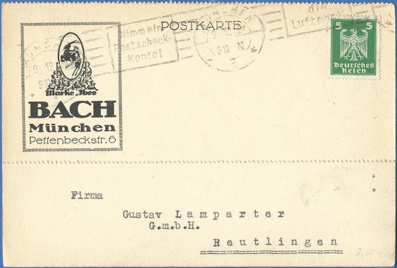 Geschäfts-Postkarte - Isidor Bach, München, Pettenbeckstraße 6, - versandt am 8. Dezember 1924 