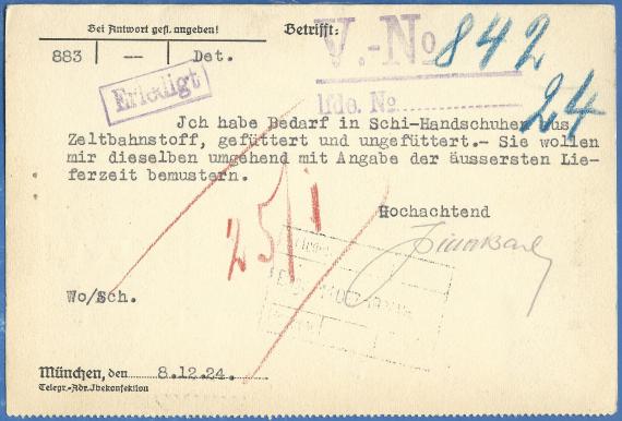 Geschäfts-Postkarte - Isidor Bach, München, Pettenbeckstraße 6, - versandt am 8. Dezember 1924 - Kartenrückseite