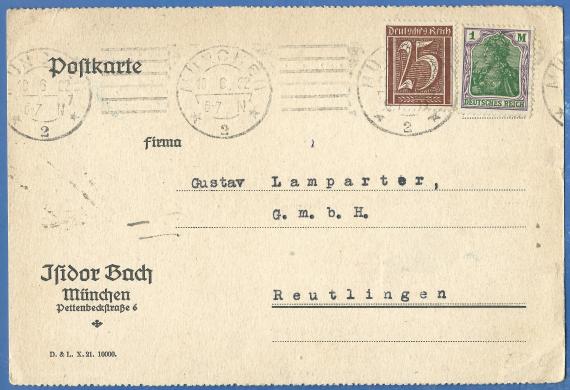 Business postcard - Isidor Bach, Munich, Pettenbeckstraße 6, - mailed June 10, 1922