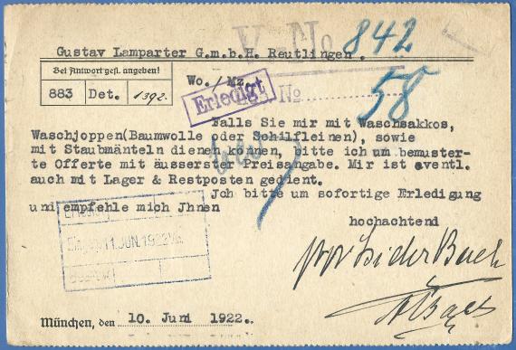 Geschäfts-Postkarte - Isidor Bach, München, Pettenbeckstraße 6, - versandt am 10. Juni 1922  - Kartenrückseite