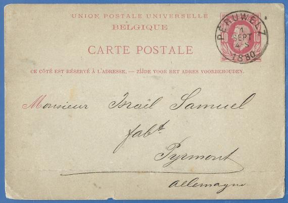 Postcard from Peruwelz in Belgium to Monsieur Israel Samuel in Pyrmont, - mailed September 1, 1880.