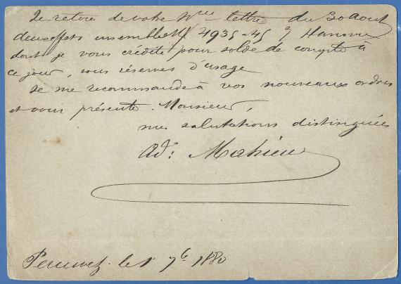 Postcard from Peruwelz in Belgium to Monsieur Israel Samuel in Pyrmont, - mailed September 1, 1880 - back of card