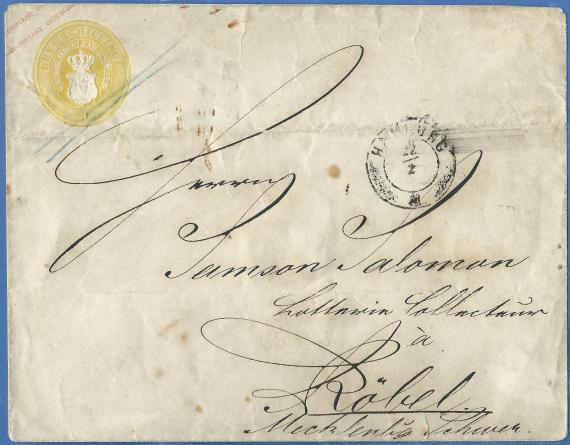 Envelope, - addressed to Mr. Samson Salomon, Lottery Collecteur in Röbel, Mecklenburg Schwerin from around 1856 - 1867