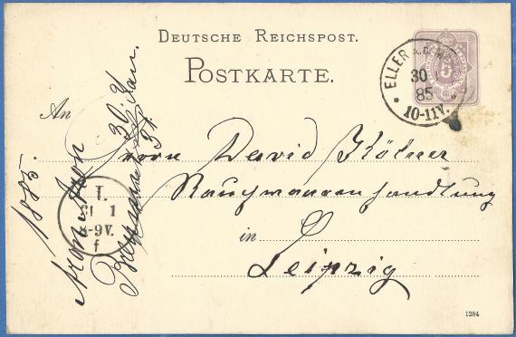 Postkarte geschäftlicher Art an Herrn David Kölner, Rauchwarenhandlung in Leipzig, - versandt am 30. Januar 1885