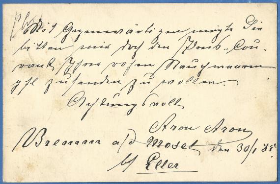 Postcard of a business nature to Mr. David Kölner, Rauchwarenhandlung in Leipzig, - mailed on January 30, 1885 - back of card