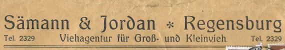 Briefumschlag der " Viehagentur für Groß & und Kleinvieh Sämann & Jordan ", - versandt am 28.August 1932 - Ausschnittvergrößerung Firmenname