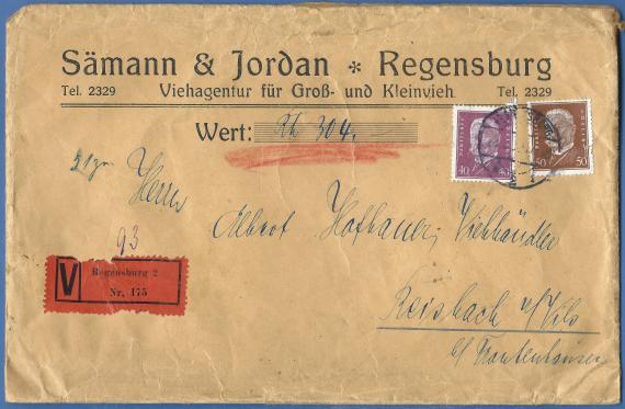 Briefumschlag der " Viehagentur für Groß & und Kleinvieh Sämann & Jordan ", - versandt am 28.August 1932