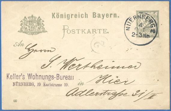 Postkarte - S. Wertheimer Postkarte an Herrn S. Wertheimer, Adlerstraße 31 / II, - versandt am 4. Oktober 1900