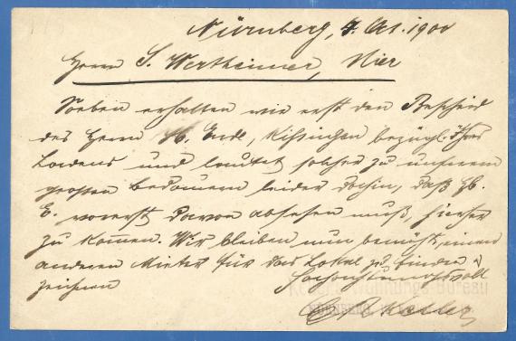 Postkarte - S. Wertheimer Postkarte an Herrn S. Wertheimer, Adlerstraße 31 / II, - versandt am 4. Oktober 1900 - Kartenrückseite