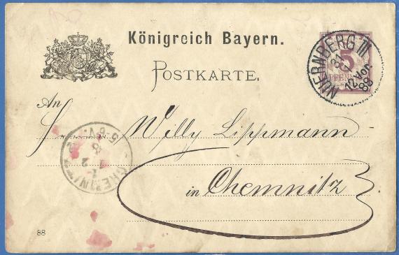 Postkarte geschäftlicher Art von Jonas Rosenbaum, - versandt am 31. Januar 1888