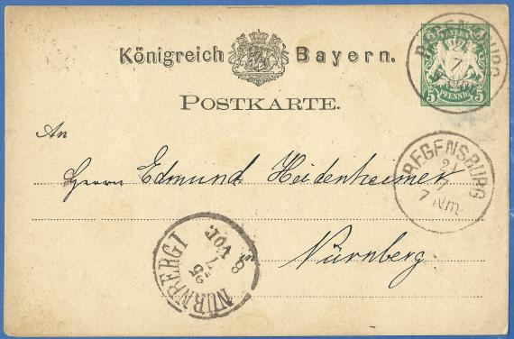 Postcard to Mr. Edmund Heidenheimer in Nuremberg, - mailed on July 24, 1876