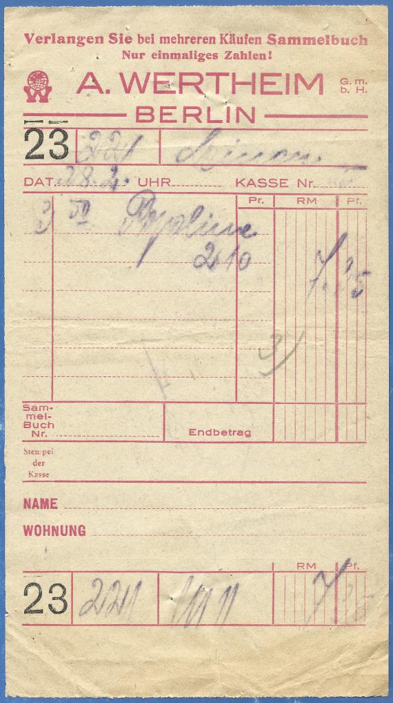 Invoice - purchase receipt - A. Wertheim, Berlin - from around 1920- 1930