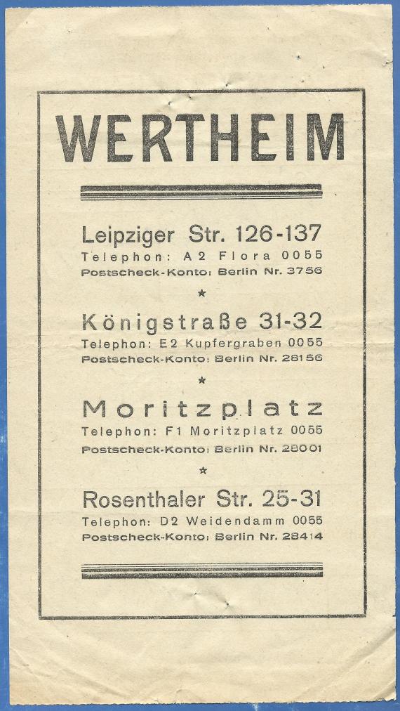 Rechnung - Einkaufsbeleg - A. Wertheim, Berlin - aus der Zeit um 1920- 1930  -  Rückseite mit Adressen der anderen Wertheim-Kaufhäuser in Berlin